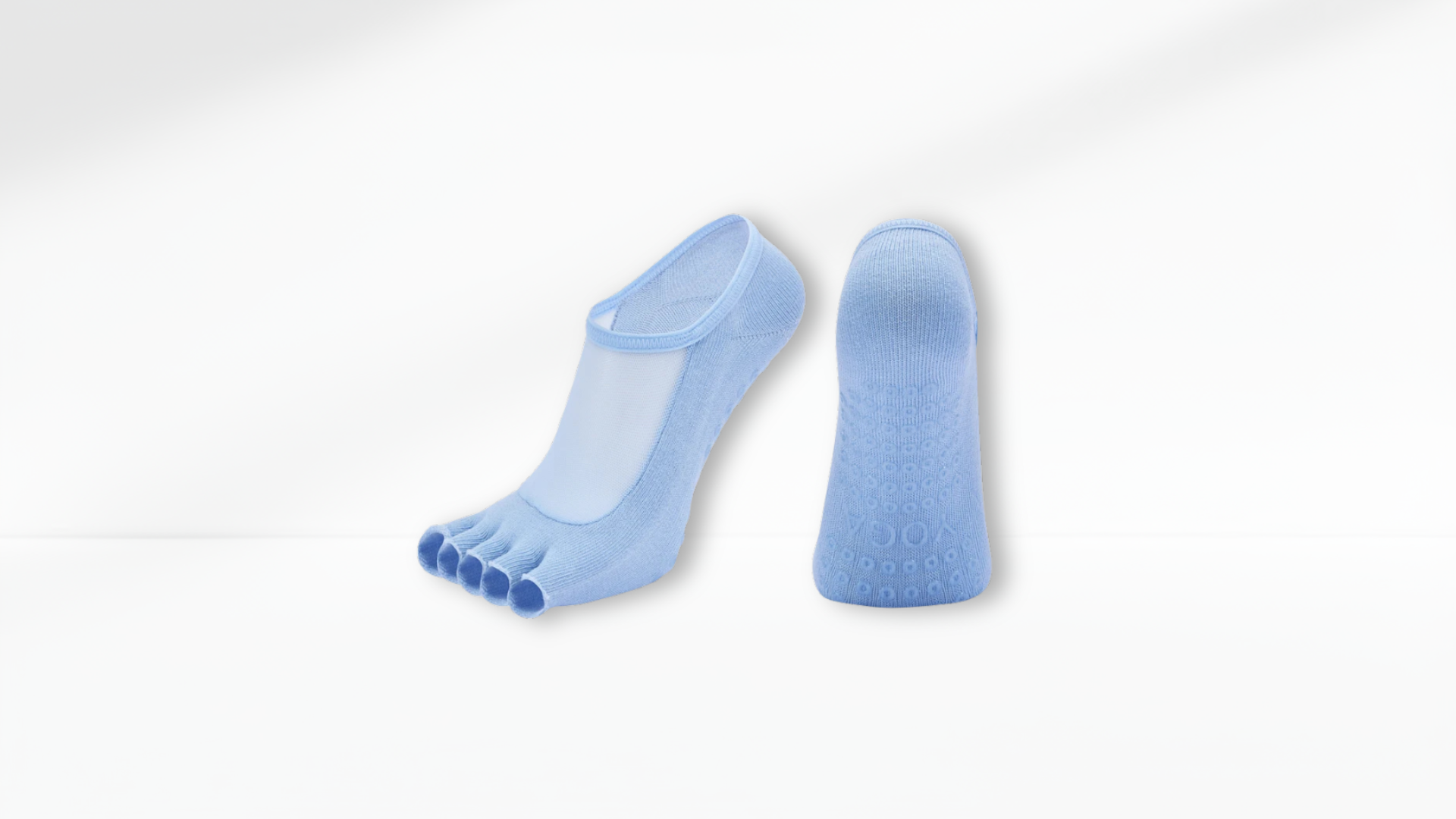 Pair of blue toe socks mesh grip on a white background