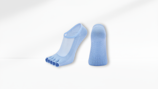 Pair of blue toe socks mesh grip on a white background
