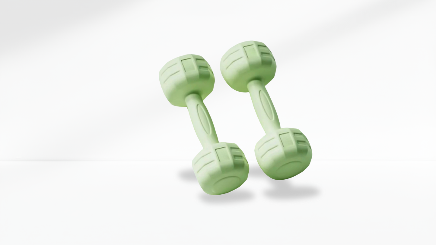 Pair of green dumbbells on a white background