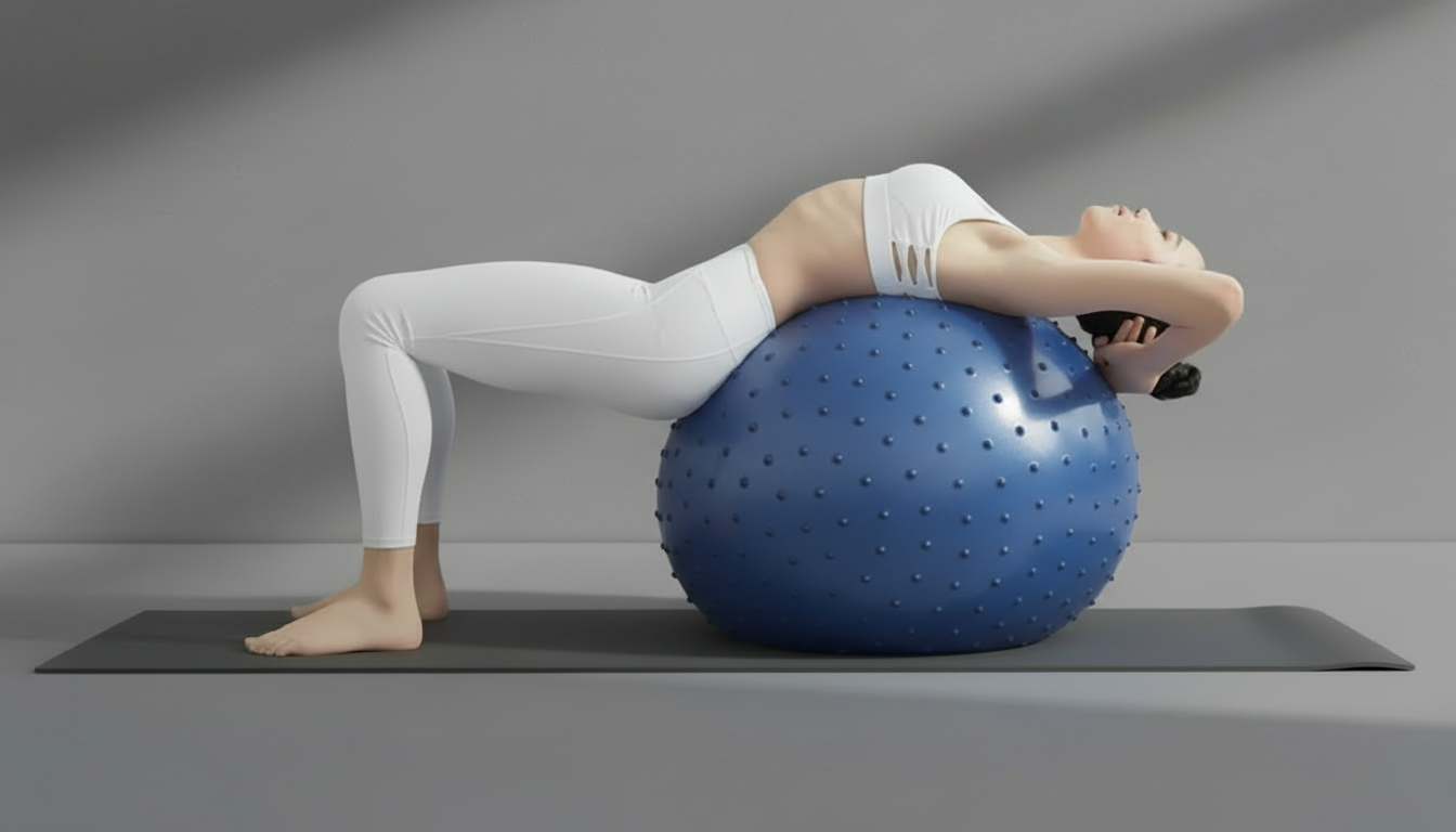 Person exercising on a blue anti-slip ball against a gray background