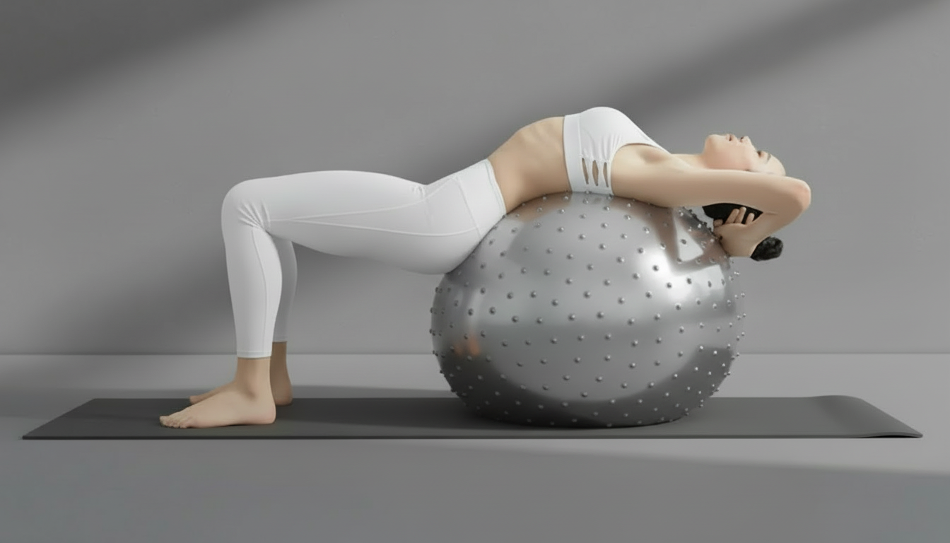 Person exercising on a grey anti-slip ball with a neutral background