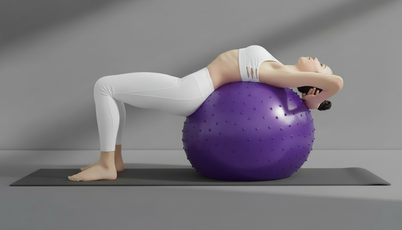 Person exercising on a purple anti-slip ball against a gray background