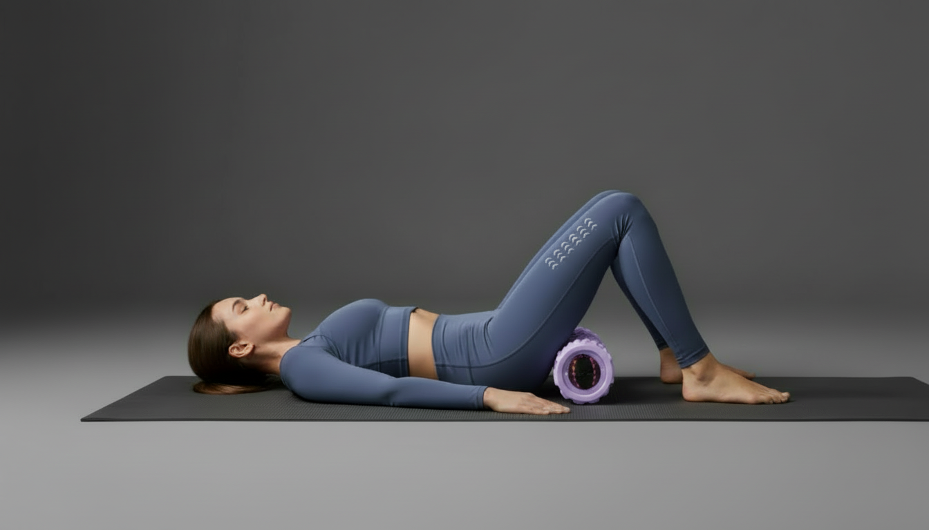 Person in blue athletic wear using a purple Electric Vibrating Foam Roller on a gray background