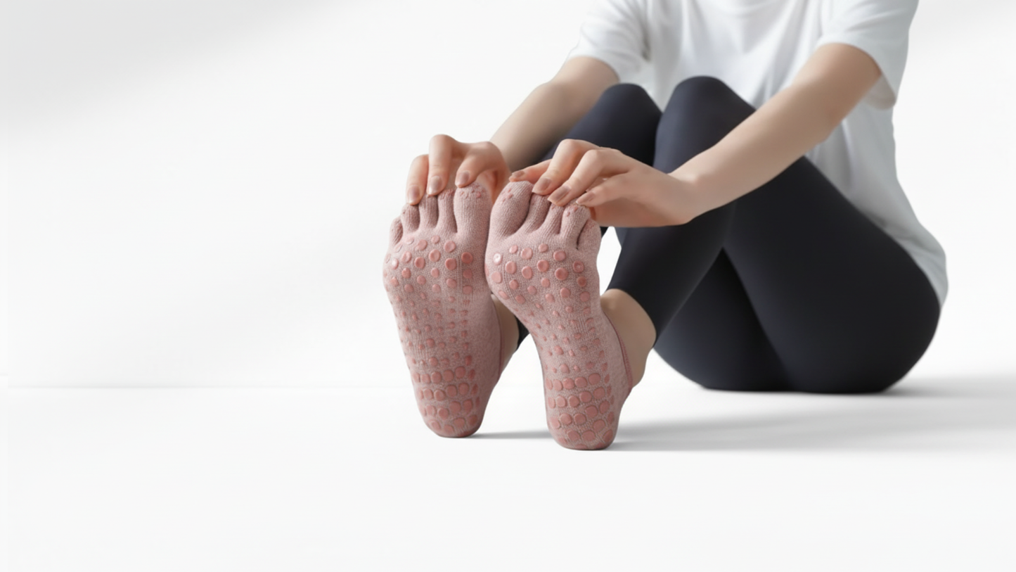 Person sitting with a Toe Socks – Strap Edition, wearing black leggings and a white shirt on a light gray background.