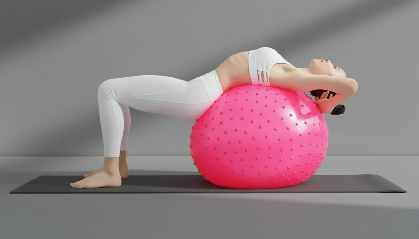 Person using a pink exercise anti-slip ball for a workout on a gray background