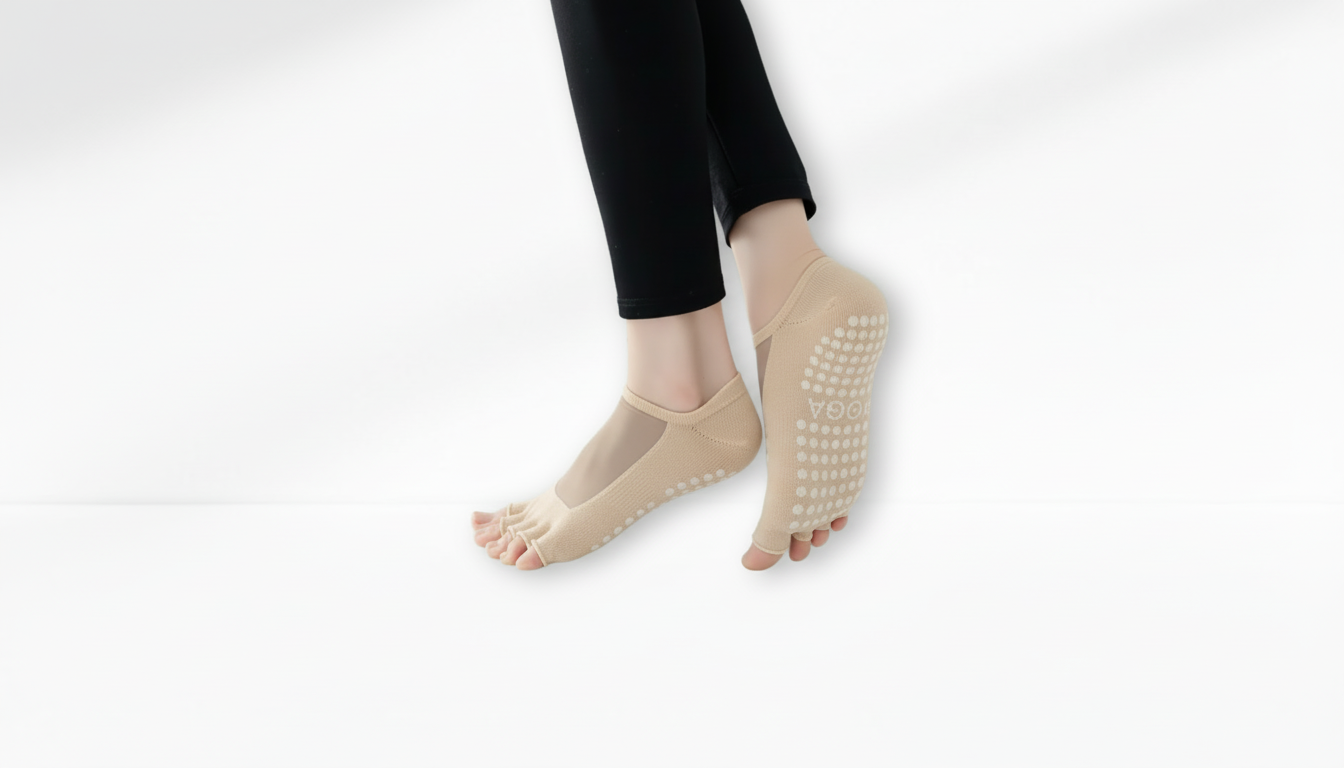 Person wearing beige Toe Socks Mesh Grip on a white background