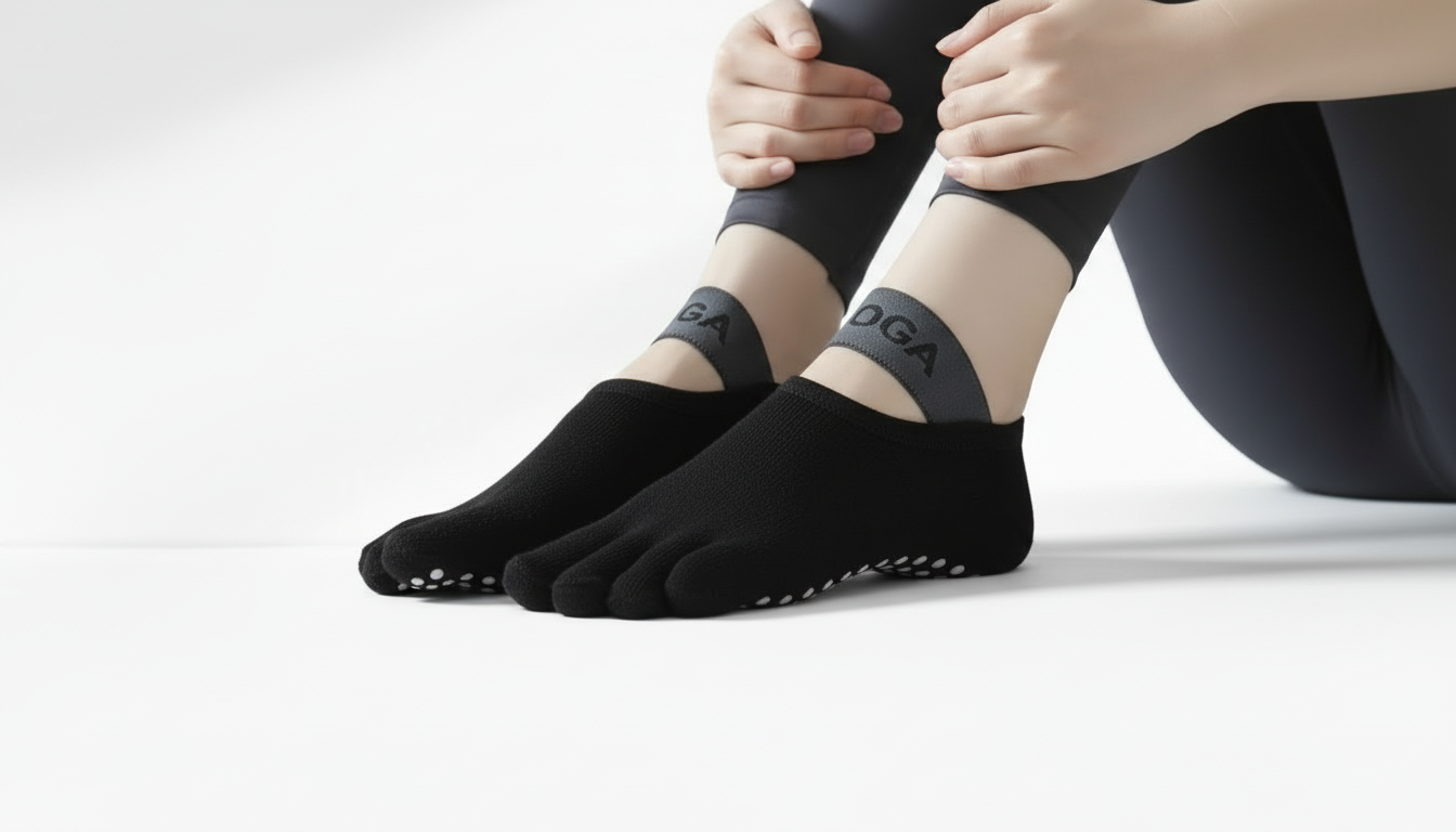 Person wearing black Toe Socks – Strap Edition with gray accents on a white background