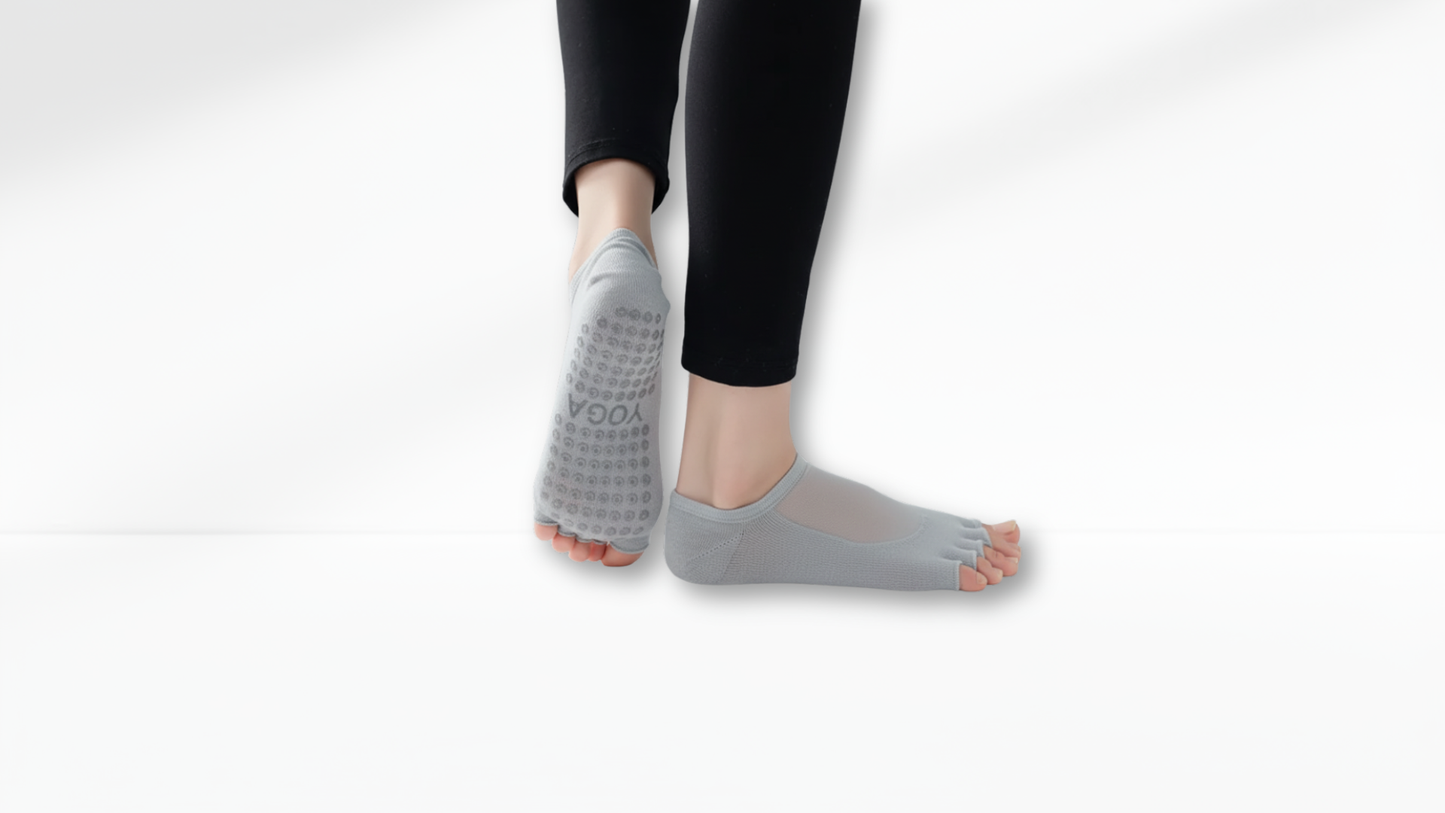 Person wearing gray Toe Socks Mesh Grip on a white background