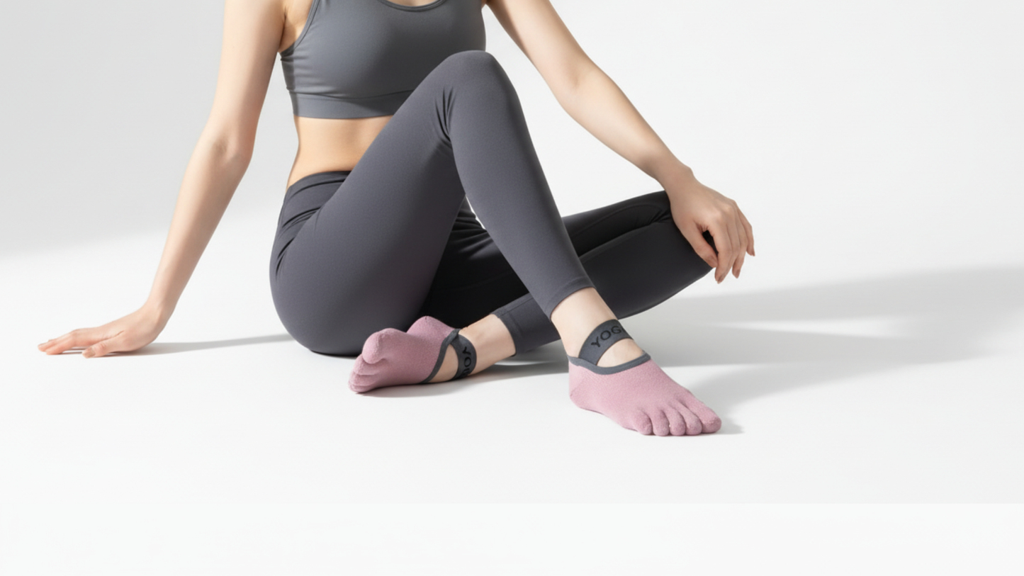 Person wearing gray leggings and pink Toe Socks – Strap Edition with black accents on a light background