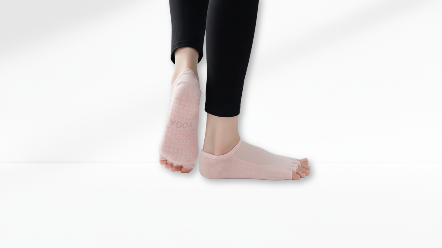 Person wearing pink Toe Socks Mesh Grip with a brand logo on a white background