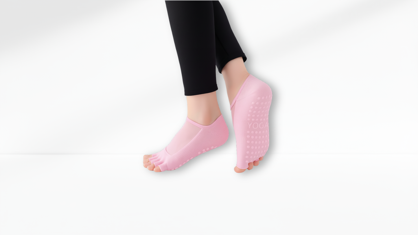 Person wearing pink Toe Socks Mesh Grip with a textured sole on a white background