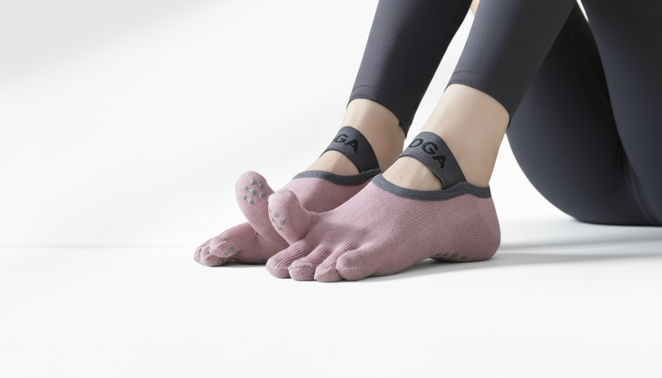 Person wearing pink Toe Socks – Strap Edition with black accents on a white background