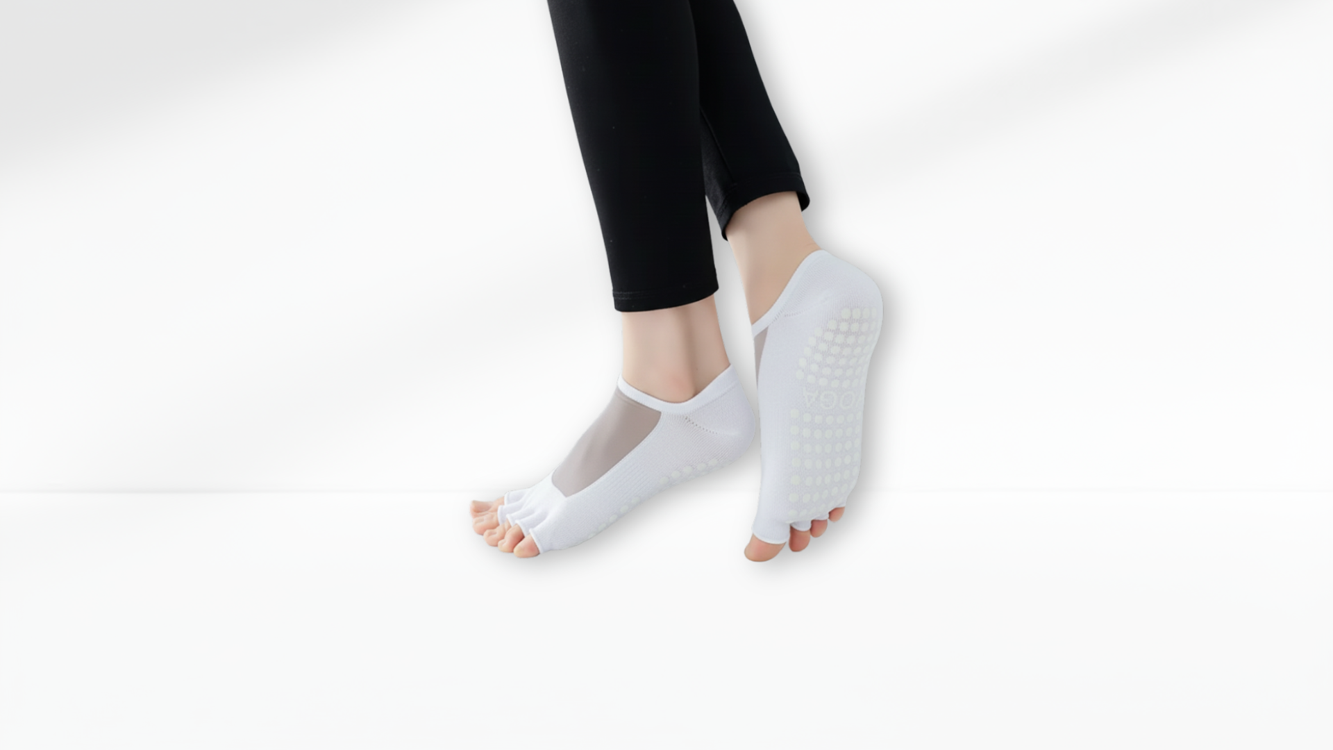 Person wearing white Toe Socks Mesh Grip on a plain background