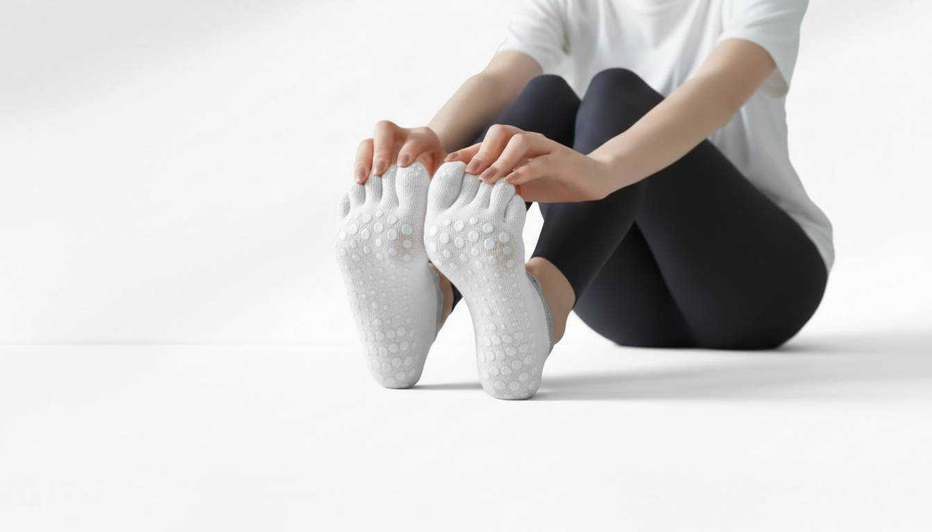 Person wearing white Toe Socks – Strap Edition on a plain background