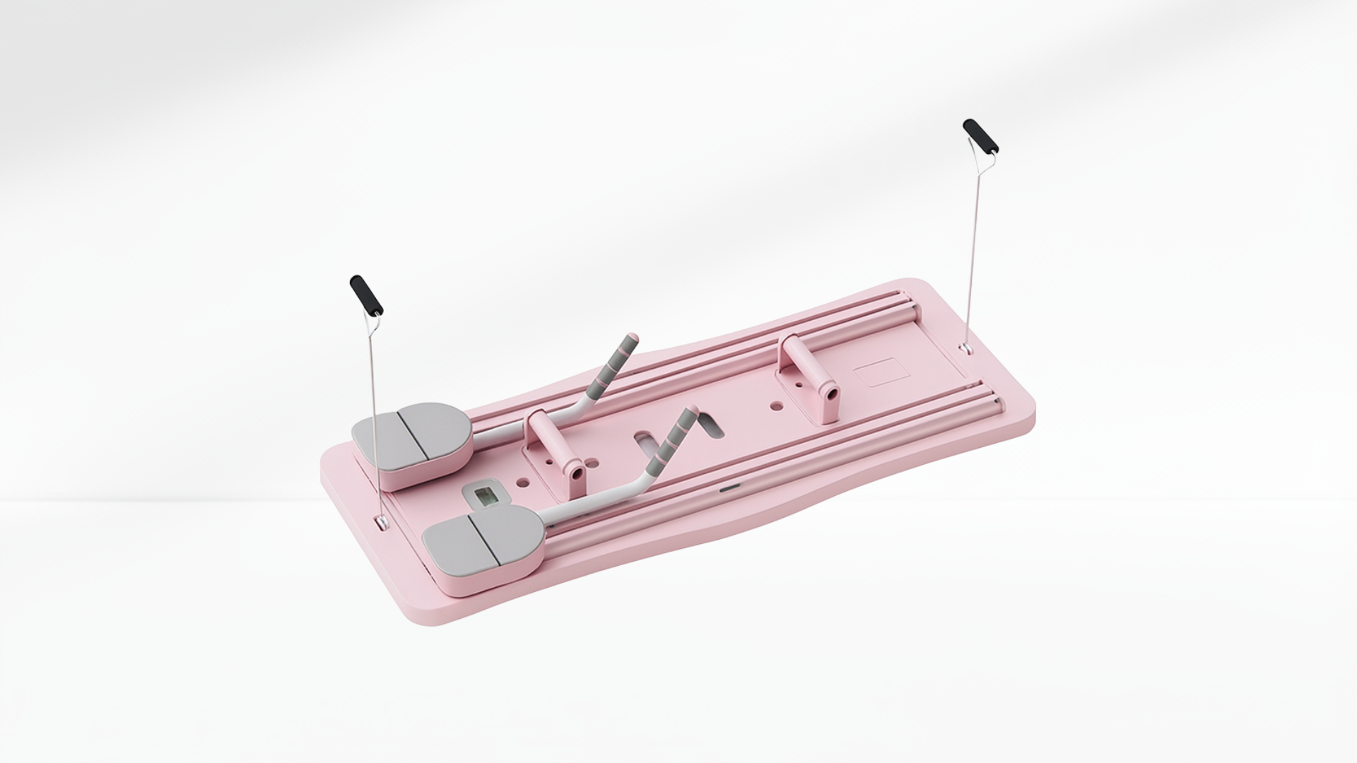 Pink Pilates Board –  Resistance Ropes (Front & Back) with multiple compartments on a white background