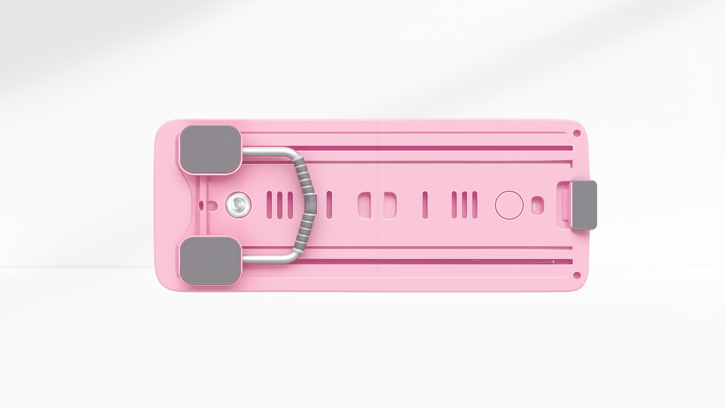 Pink Pilates Board – Timer & Kneeling Pad with gray wheels on a white background