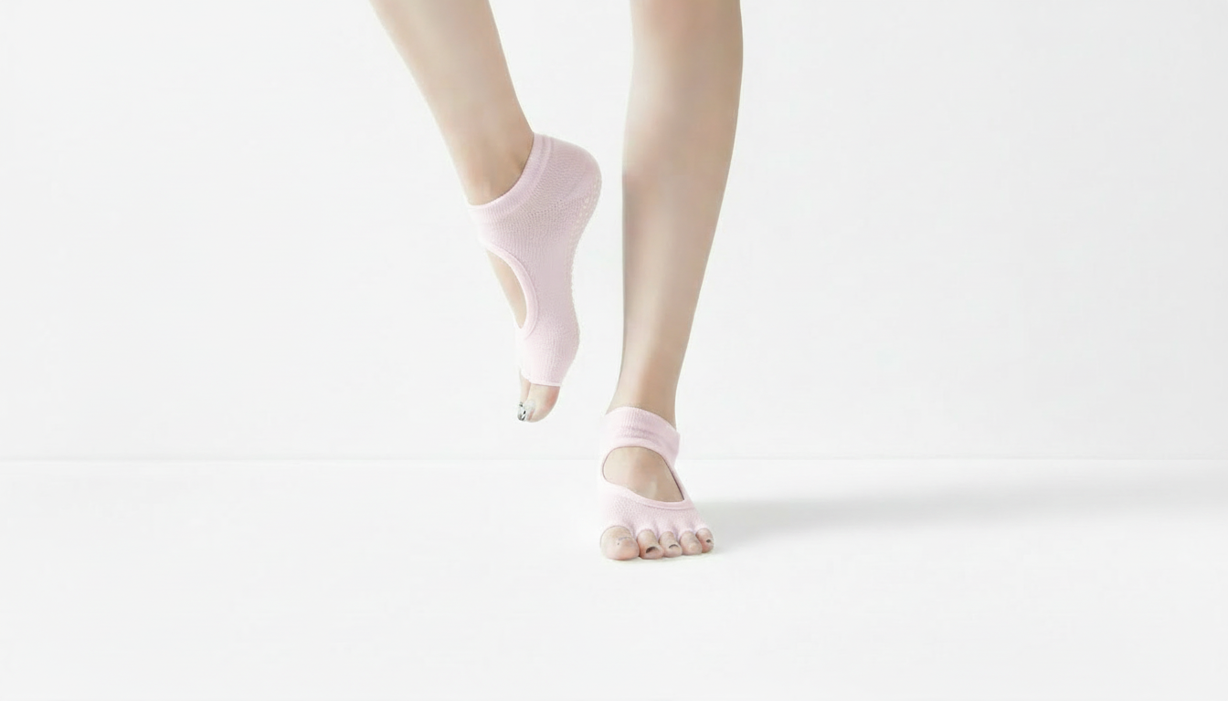 Pink Toe Socks – Open Cut Grip worn on feet against a white background