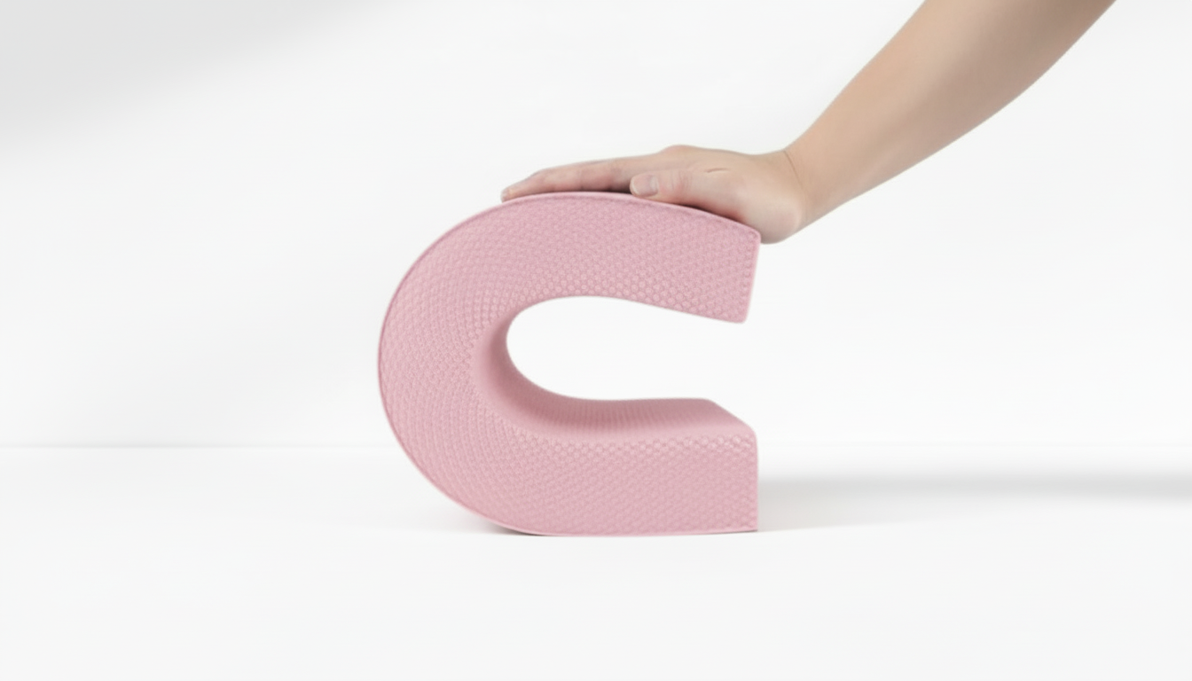 Pink U-shaped Yoga Balance Pad – 5cm Thick TPE held by a hand on a white background