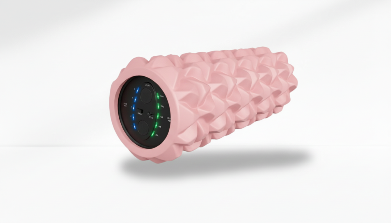 Pink electric foam roller with digital display on a white background