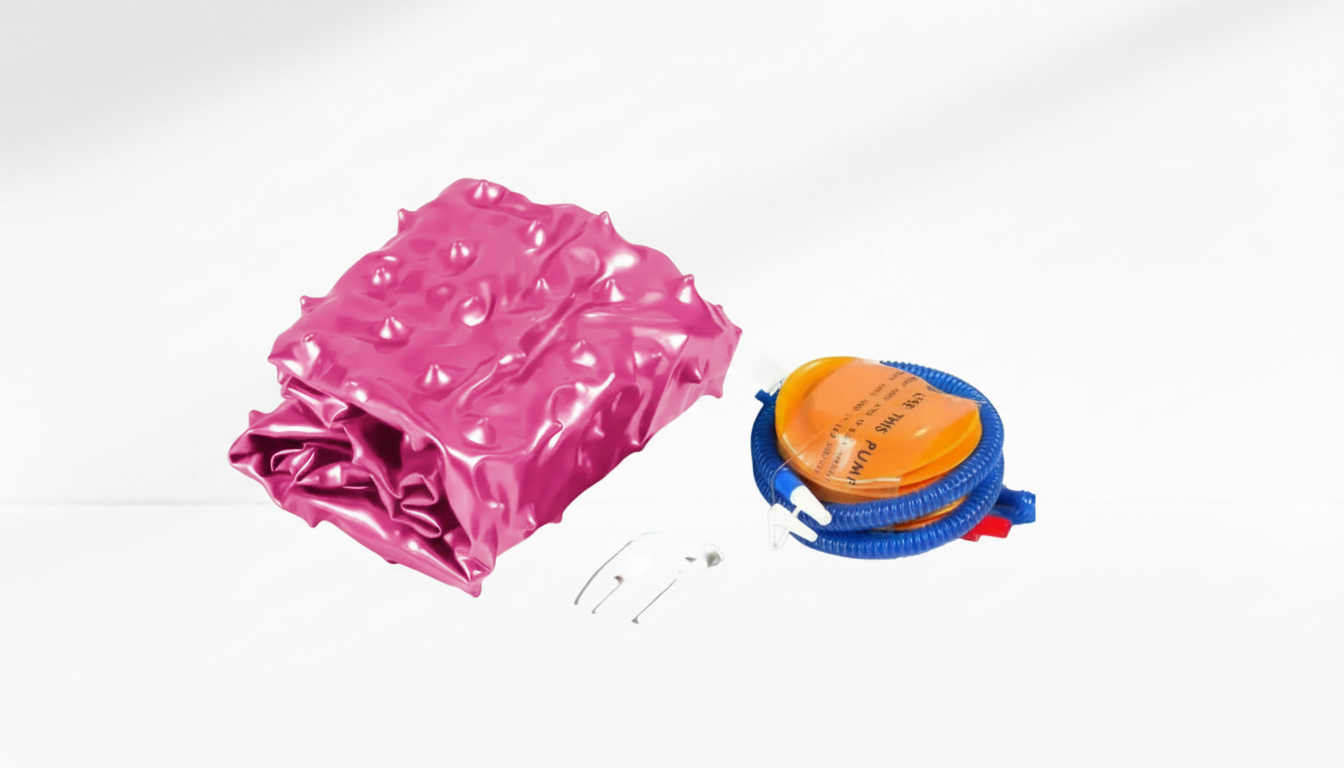 Pink inflatable anti-slip ball  with pump on a white background