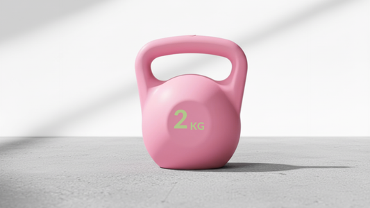 Pink kettlebell with '2 kg' marking on a light gray background