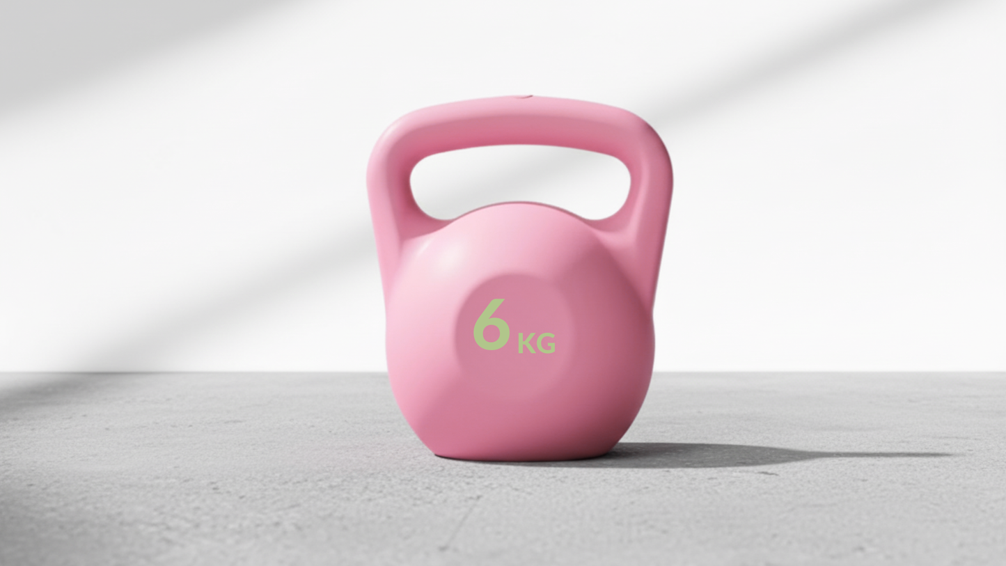 Pink kettlebell with '6 KG' marking on a light gray background