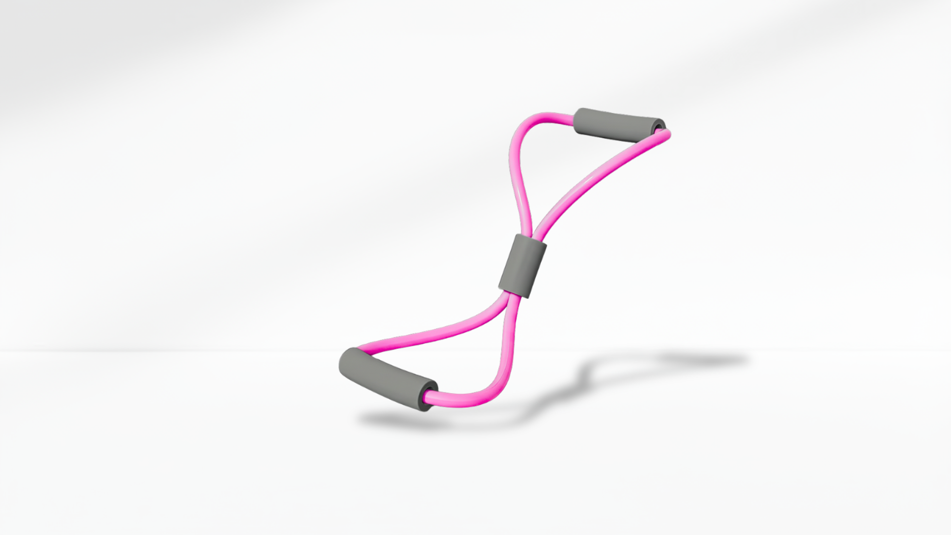 Pink resistance band with gray handles on a white-gray background