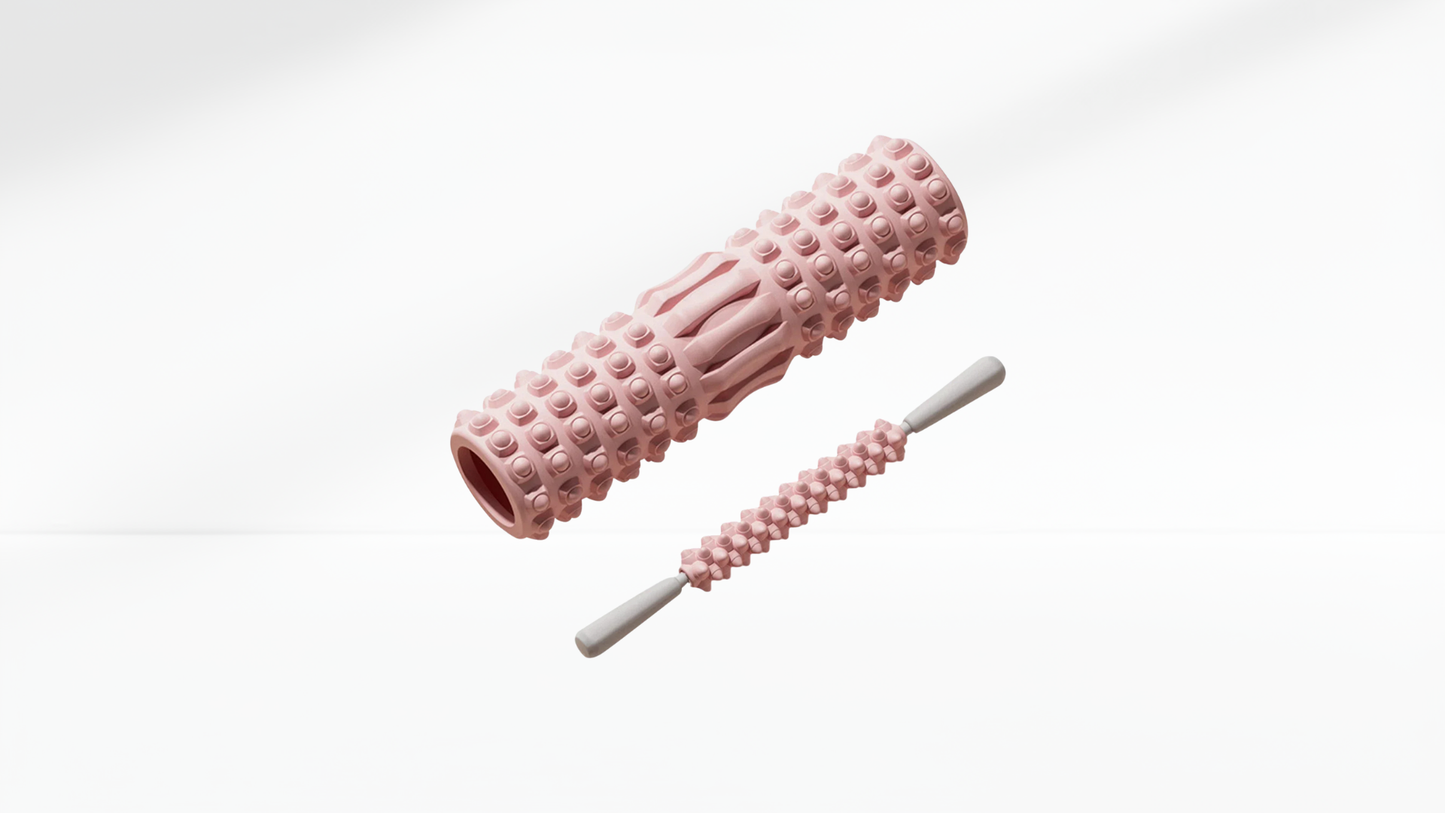 Pink textured foam roller with a stick on a white background