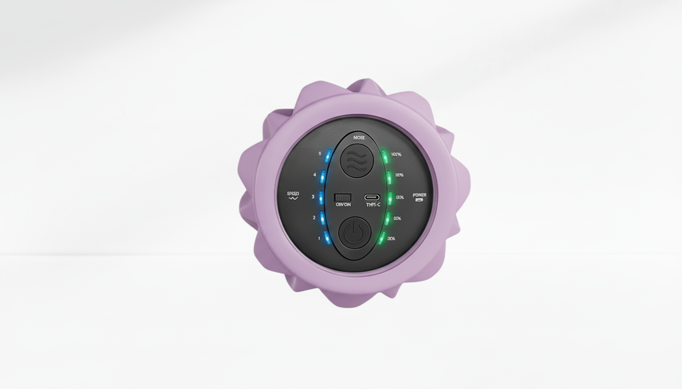 Purple Electric Vibrating Foam Roller with buttons and display on a white background