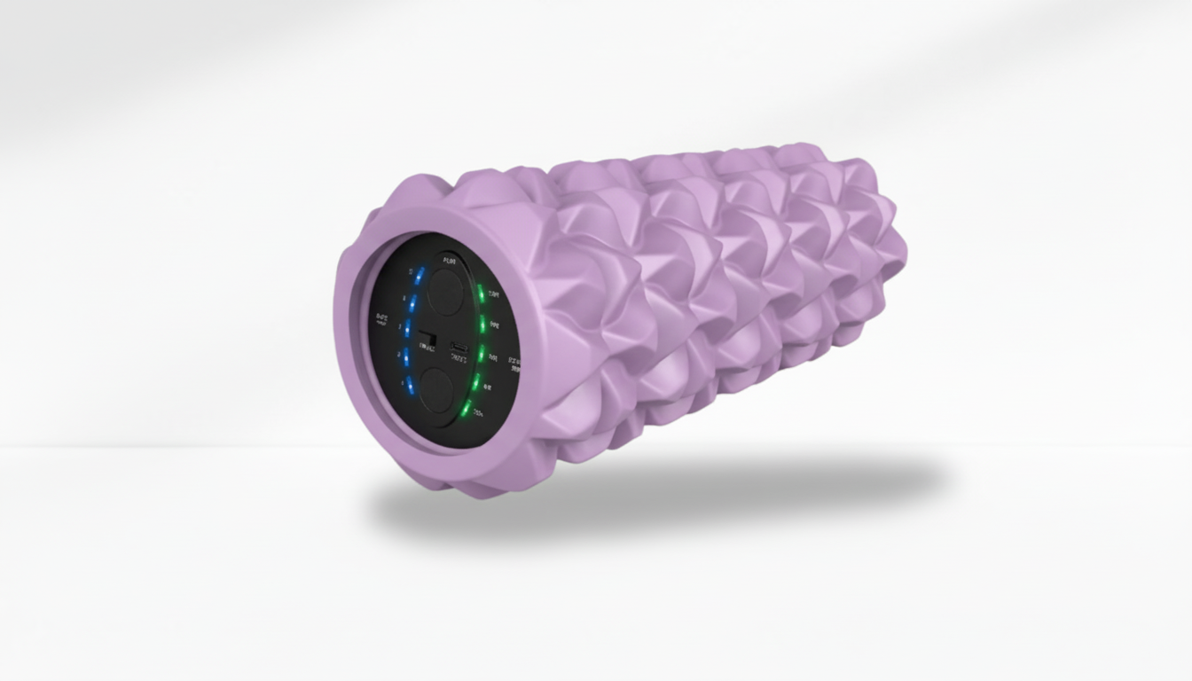 Purple Electric Vibrating Foam Roller with textured surface on a white background