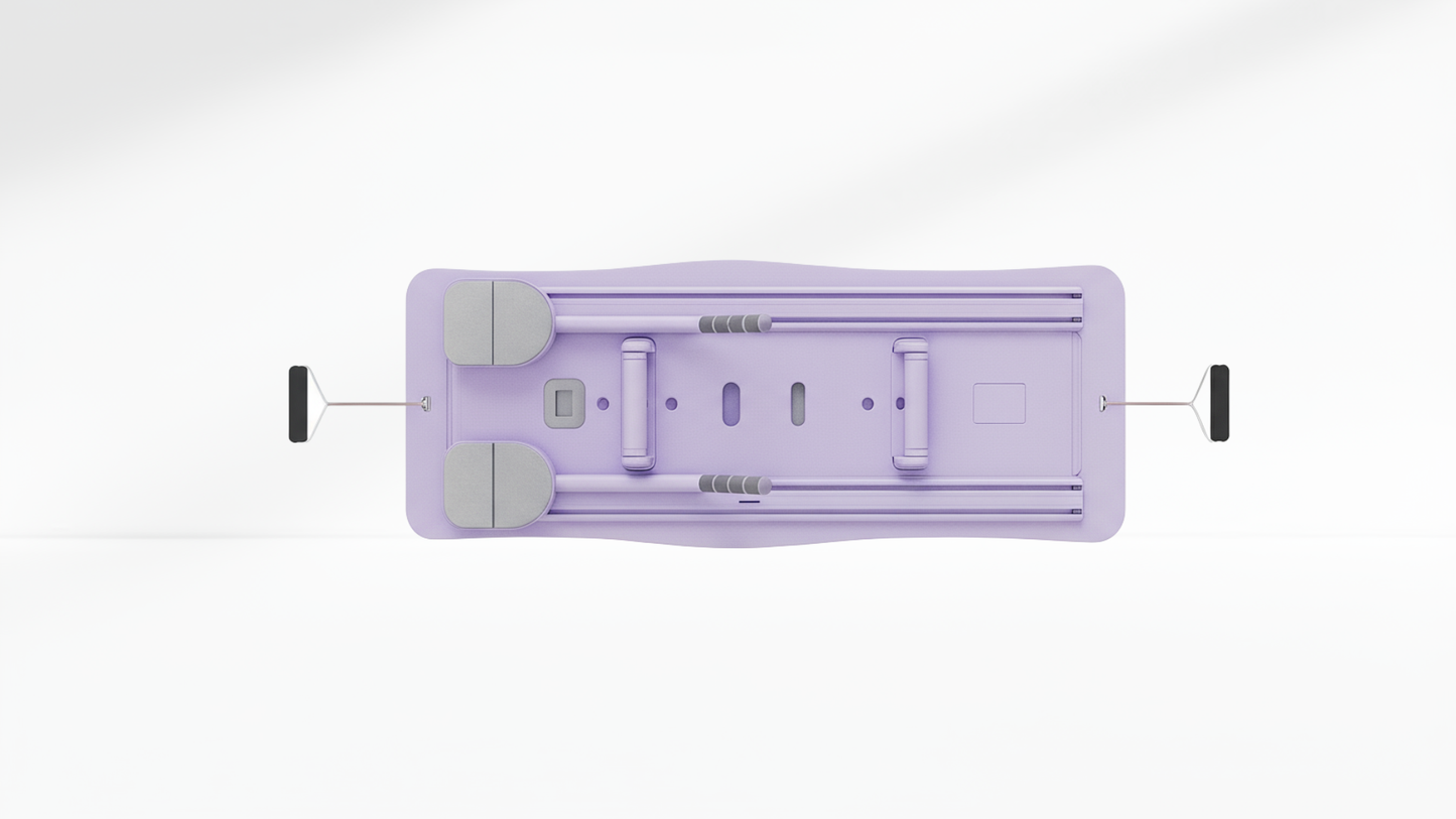 Purple Pilates Board –  Resistance Ropes (Front & Back)with labeled components on a white background