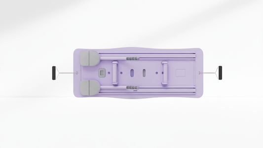 Purple Pilates Board –  Resistance Ropes (Front & Back)with labeled components on a white background