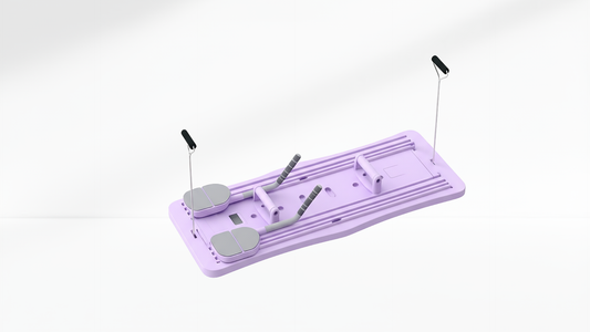 Purple Pilates Board –  Resistance Ropes (Front & Back) with tools on a white background