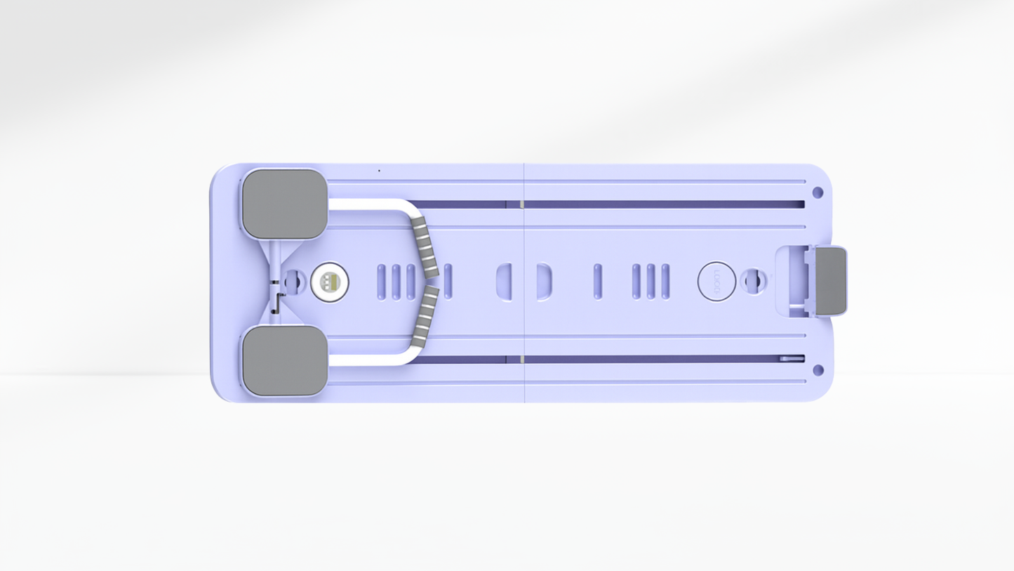 Purple Pilates Board – Timer & Kneeling Pad with gray wheels on a white background