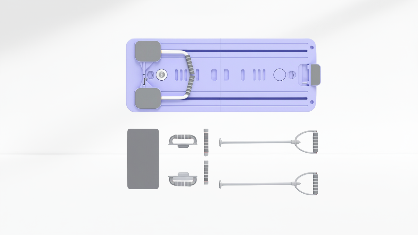 Purple Pilates Board with Timer & Kneeling pad on a white background