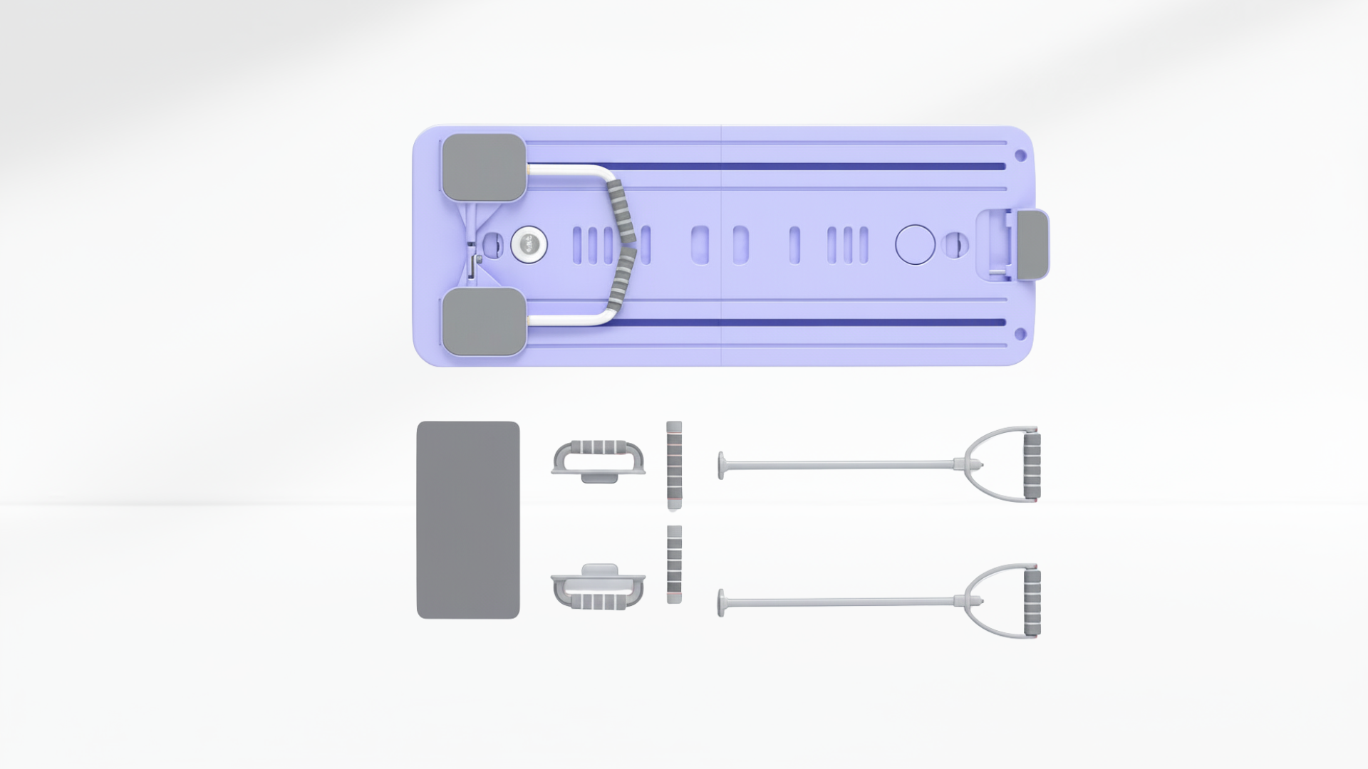 Purple Pilates Board with Timer & Kneeling pad on a white background