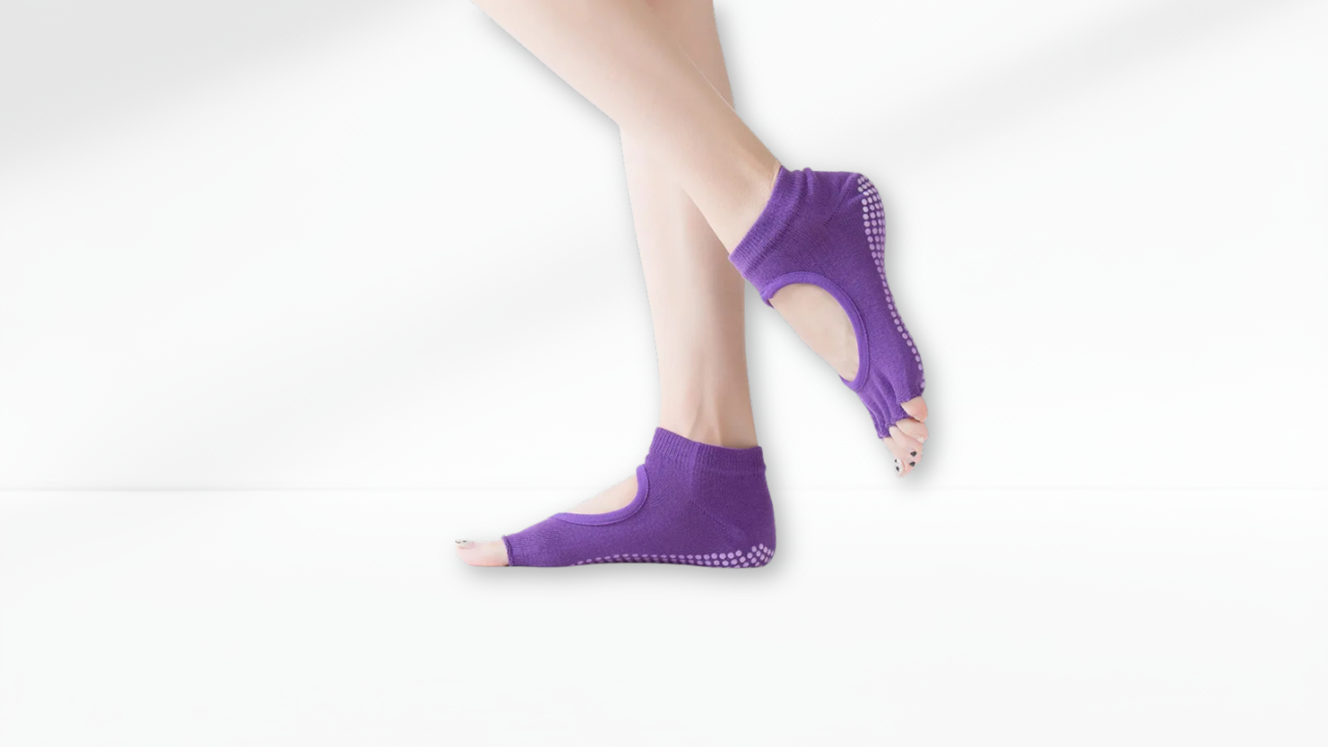 Purple Toe Socks – Open Cut Grip worn by a person on a white background