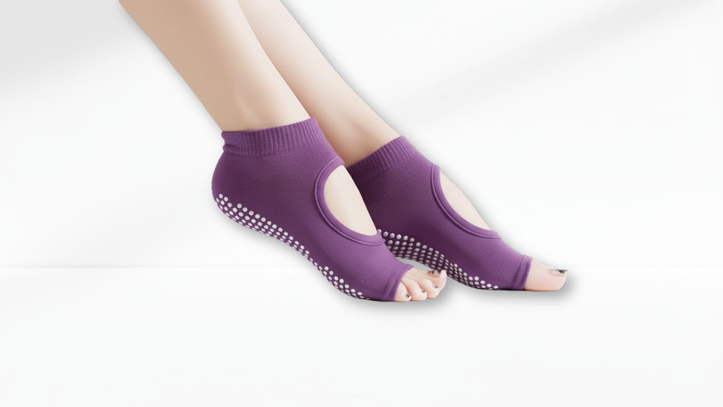 Purple grip Toe Socks – Open Cut Grip worn by a person on a white background