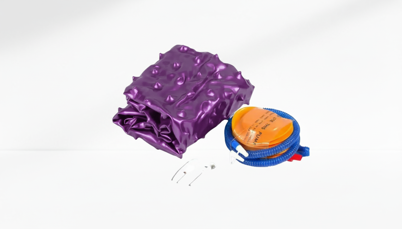Purple inflatable anti-slip ball with orange valve on a white background