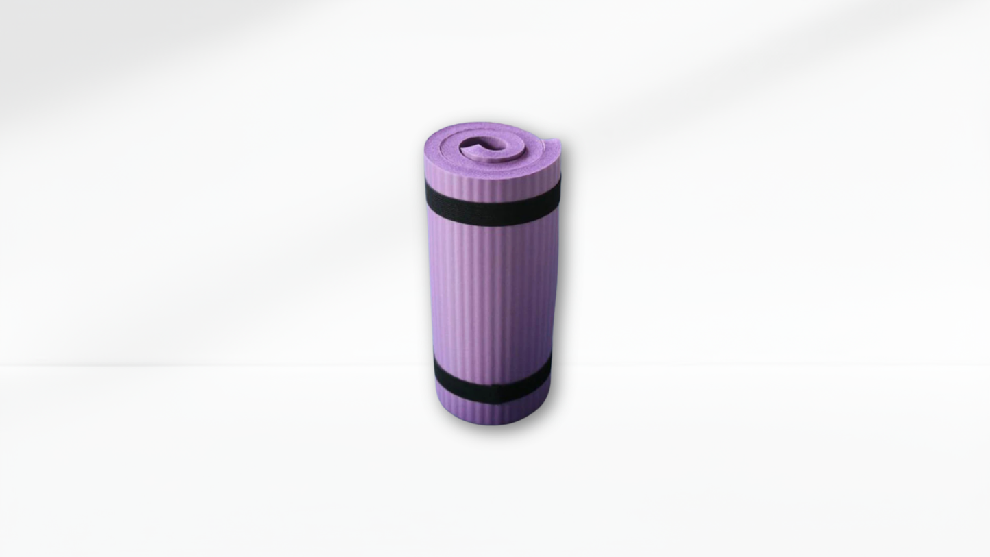 Purple yoga mat with a black band on a white background