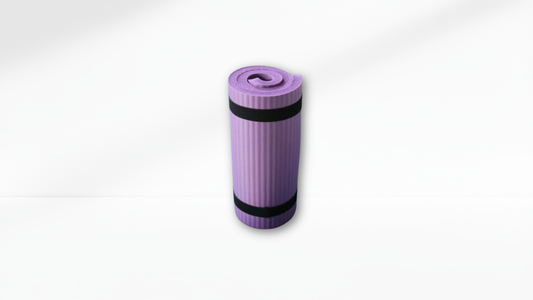 Purple yoga mat with a black band on a white background