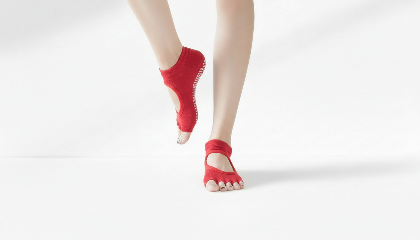 Red Toe Socks – Open Cut Grip worn on feet against a white background