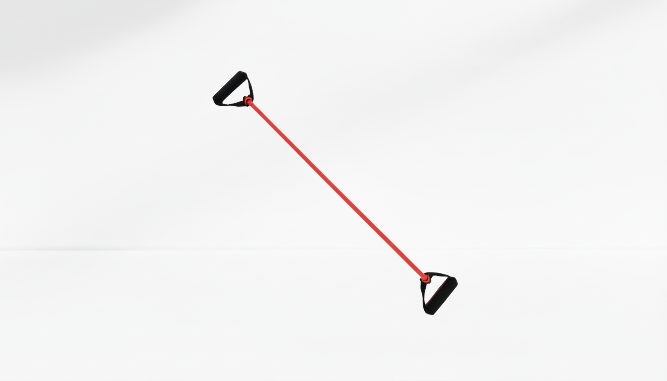 Red resistance band with black handles on a white background