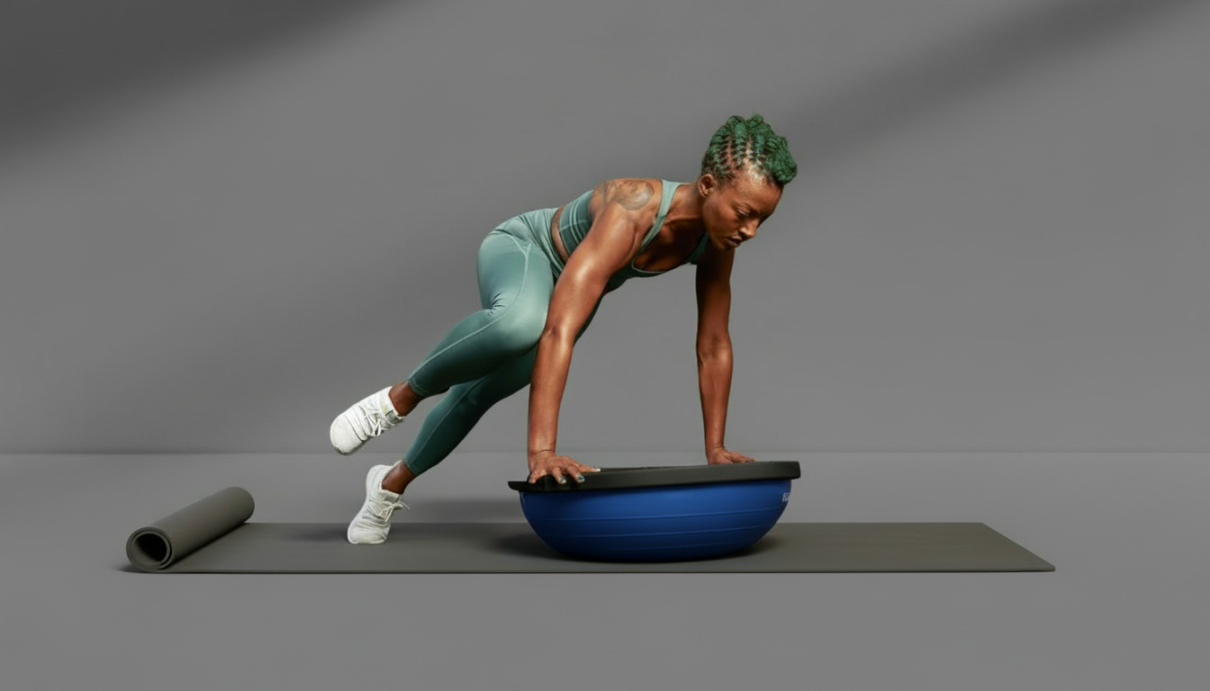 Woman performing a core and balance workout on a blue trainer balance half ball in a fitness studio, exercising on a yoga mat.