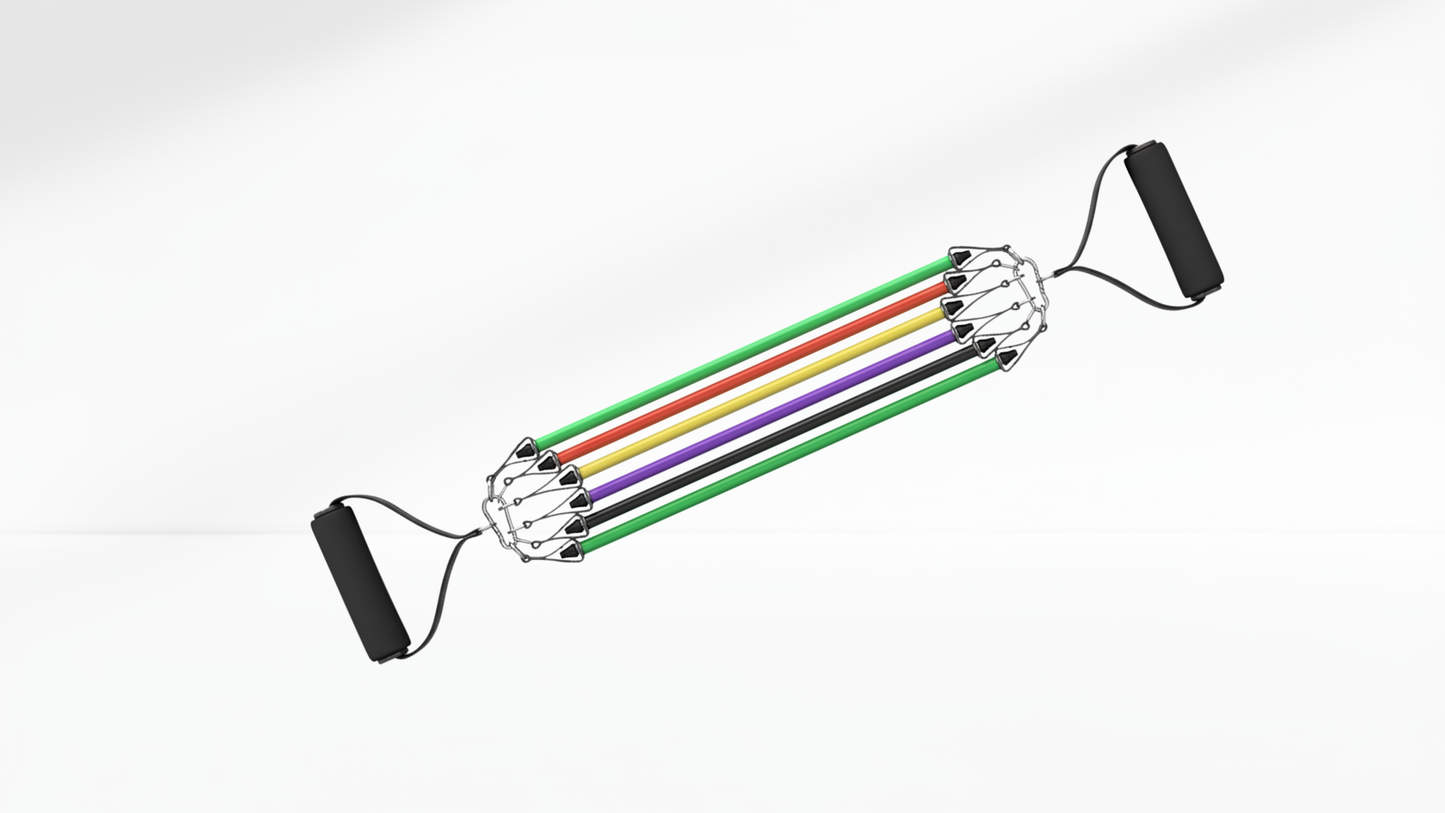 Resistance band set with colorful bands on a white-grey background