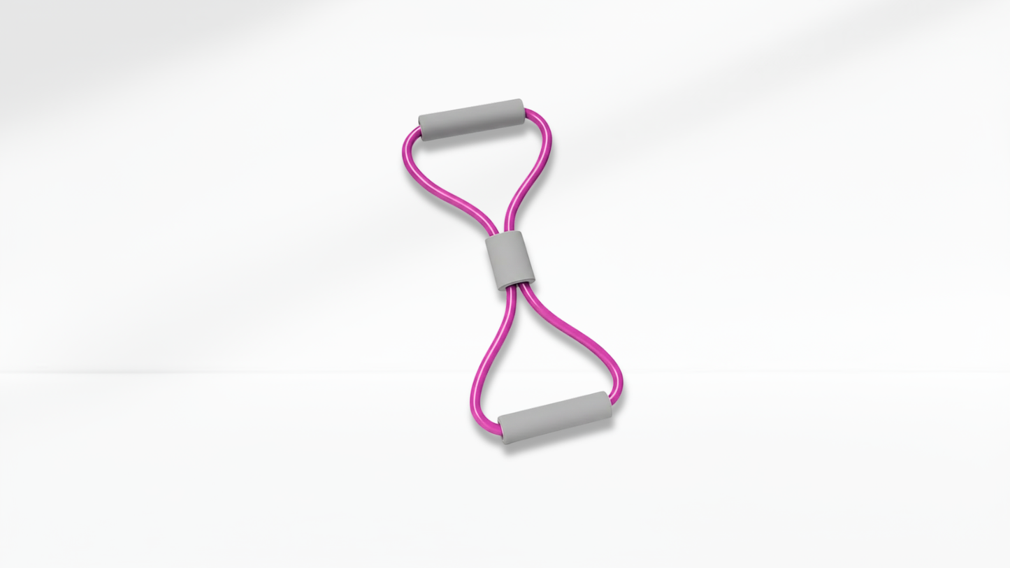 Resistance band with pink cable and gray handles on a white background