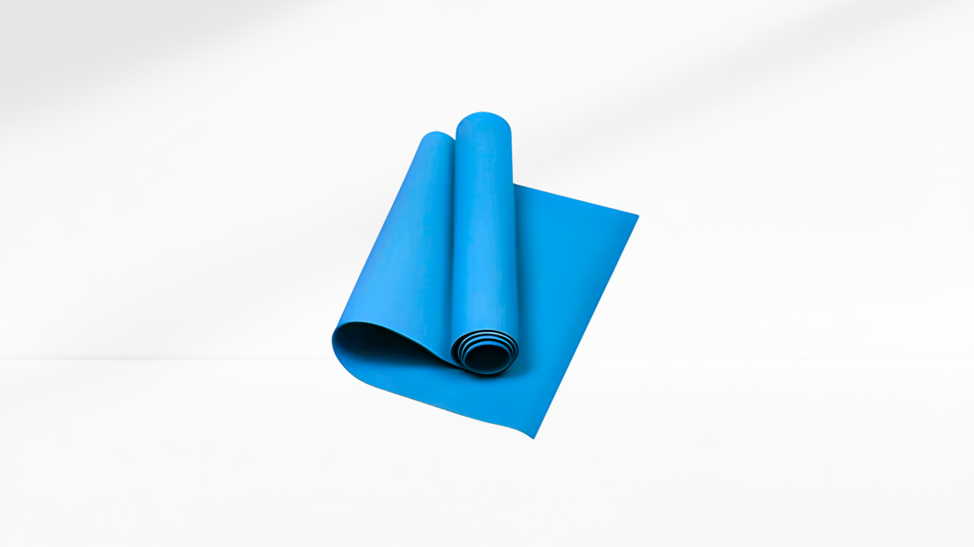 Rolled-up blue EVA Soft Yoga Mat on a white background