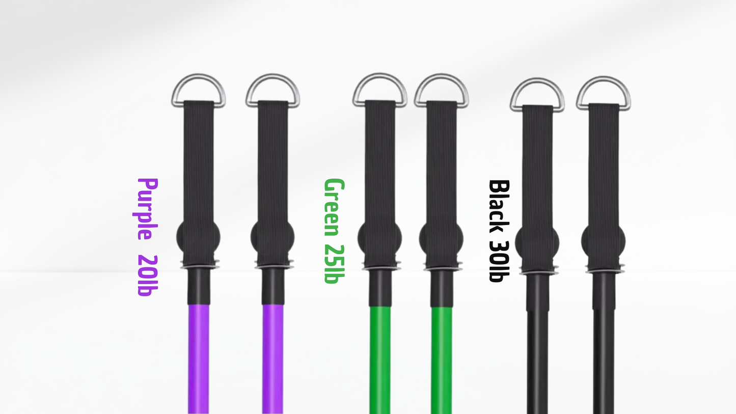 Set of resistance bands in purple, green, and black with weight labels on a white-grey background.