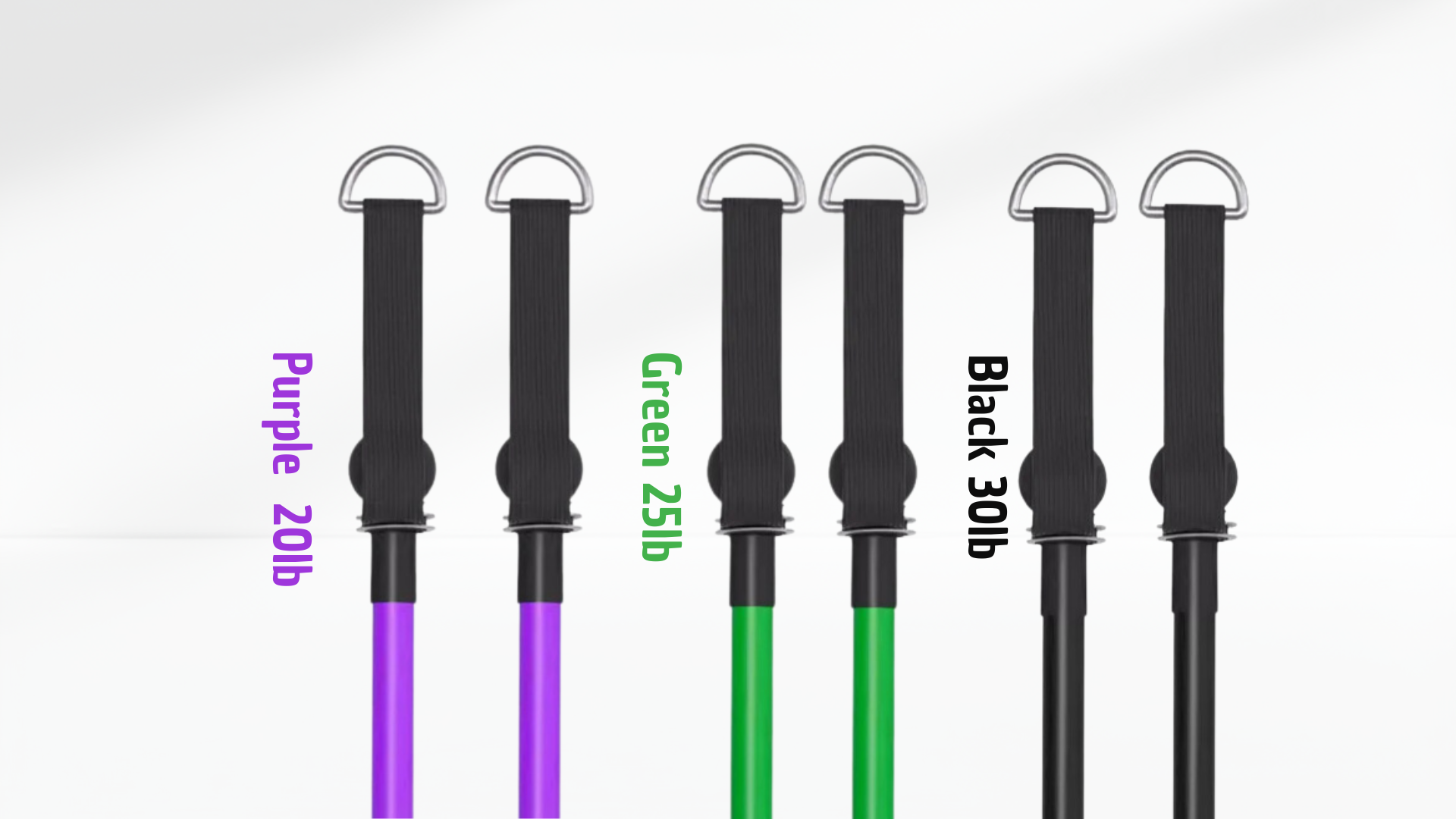 Set of resistance bands in purple, green, and black with weight labels on a white-grey background.