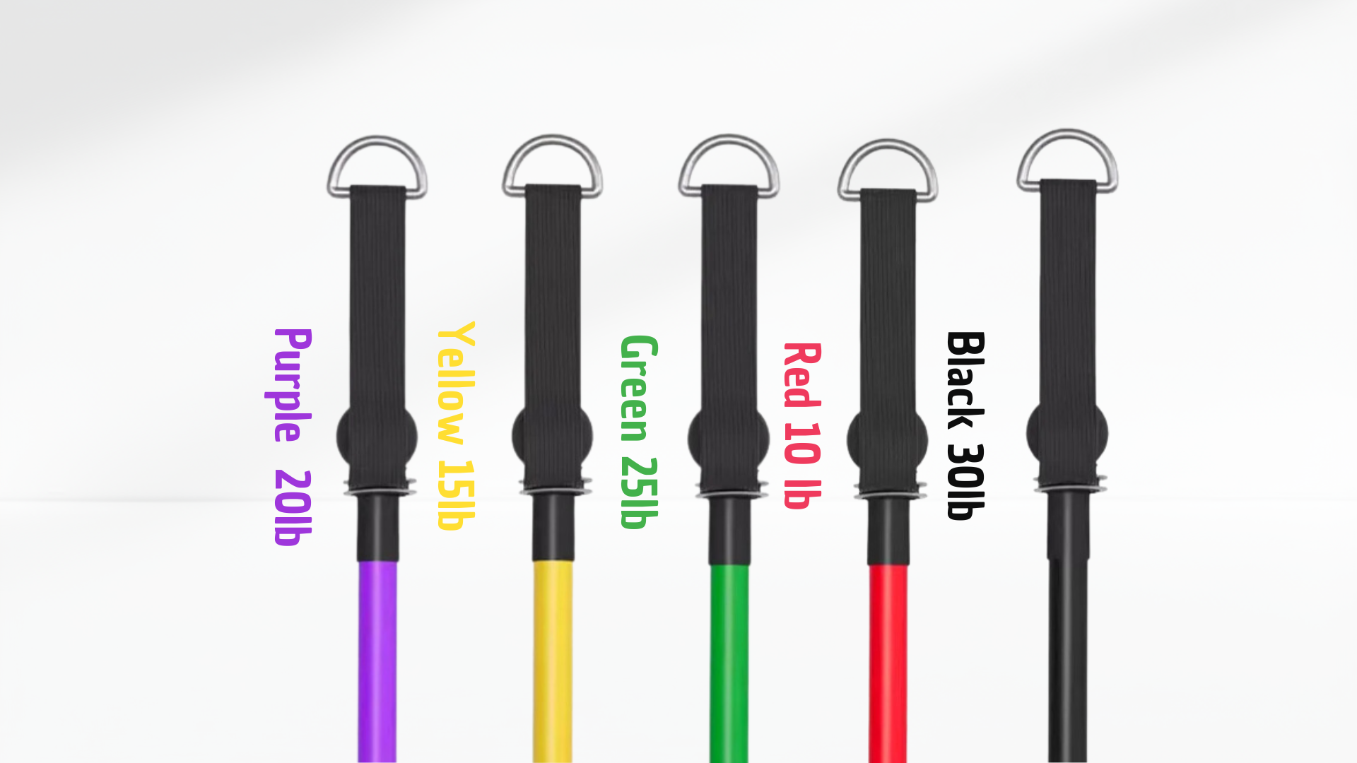 Set of resistance bands with color-coded labels on a white background